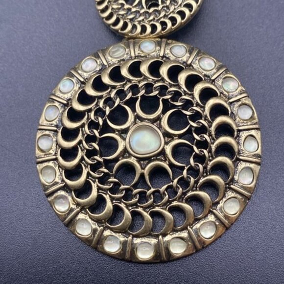 Lucky Brand Necklace Gold Tone Tribal Double Disk Crescent Faux Moon Stone 29+2" - Picture 7 of 8